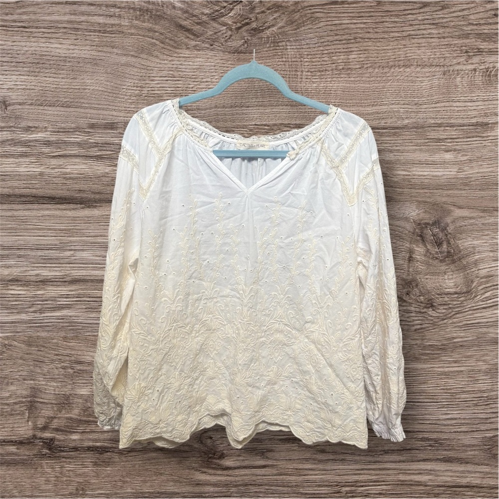 Cream Relaxed long Sleeve 100%‎ cotton embroidered eyelet Blouse